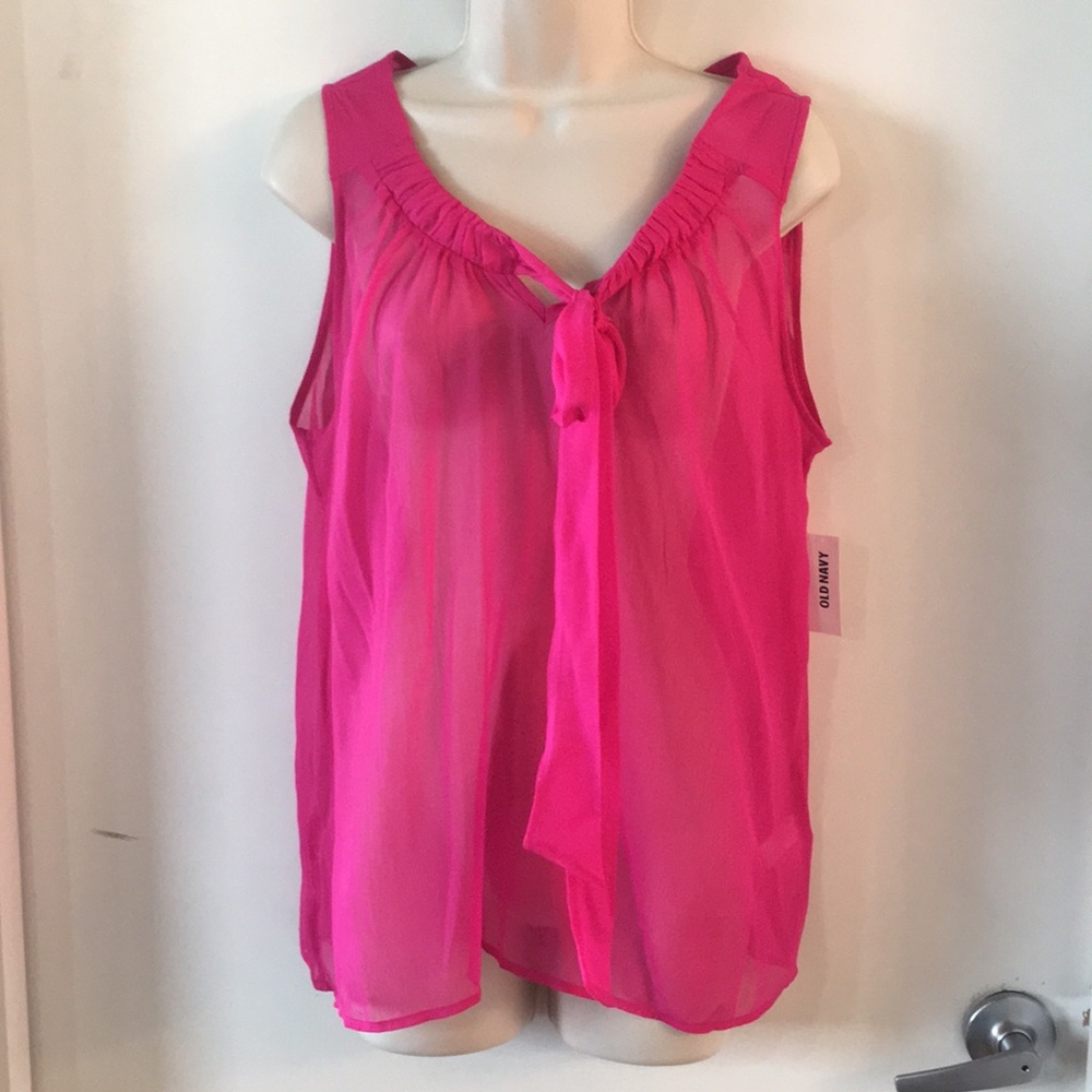 Bright pink sleeveless  sheer tie neck shirt